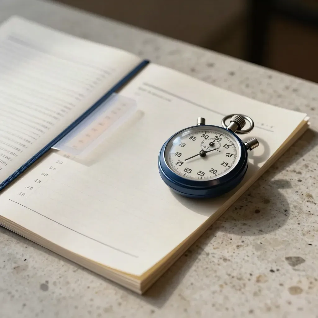 Top-down mock tests, stopwatch, tabs, and closed exam guide on travertine.