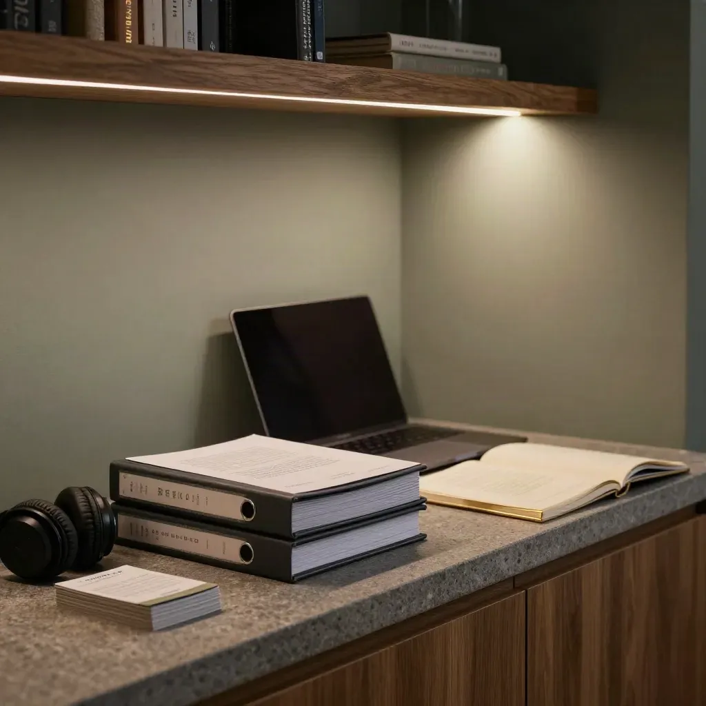 Moody study nook with binders, laptop, headphones, flash cards and certificate sleeve in rain light.