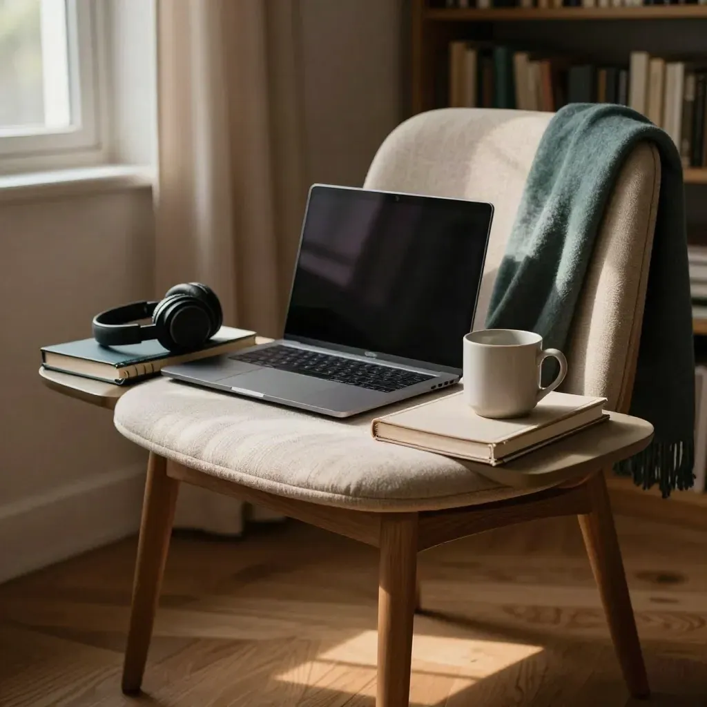 Quiet home-study corner with a closed laptop, headphones, notebooks and a mug in warm window light.