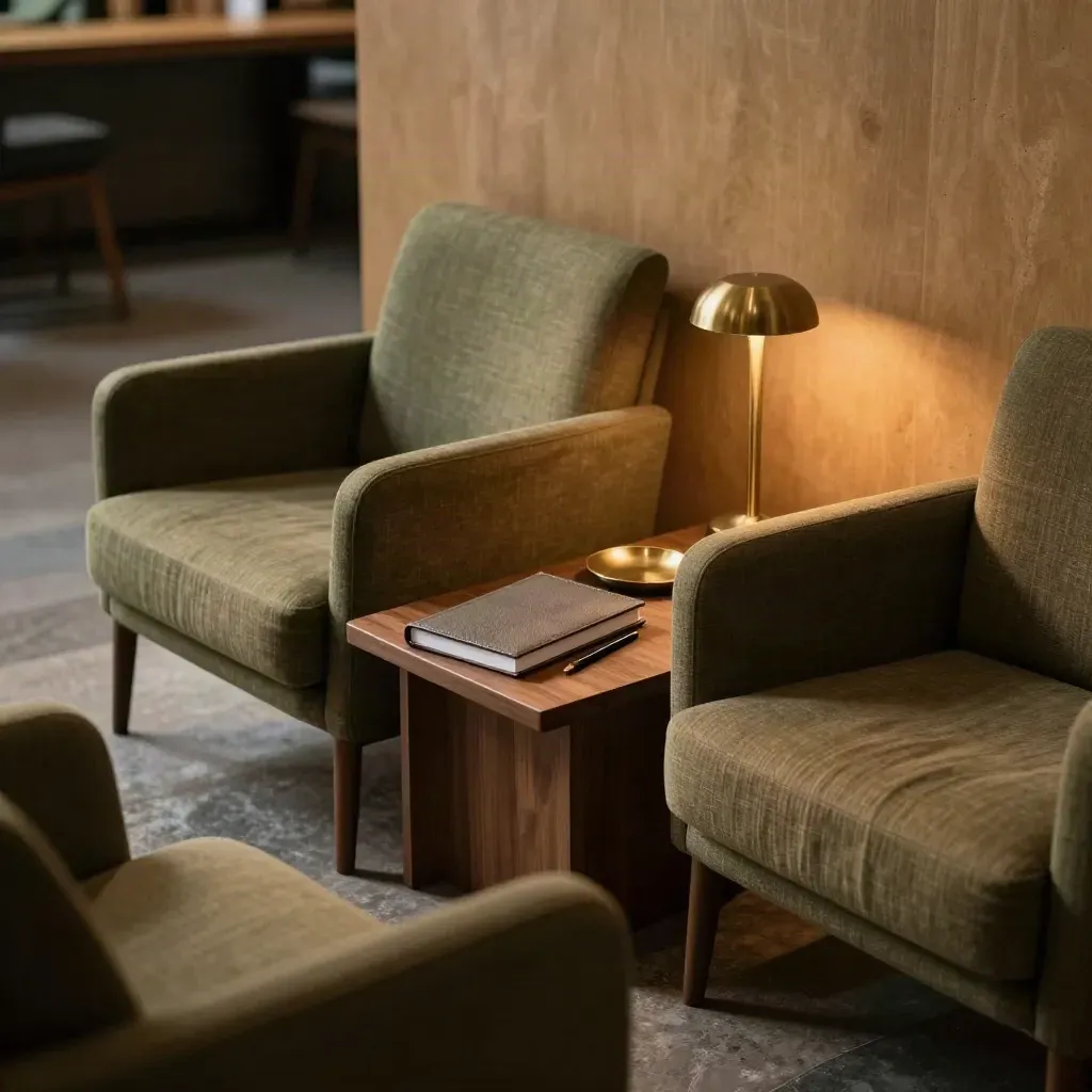 Empty mentoring nook with two chairs, notebook, pen tray, and brass lamp in moody light