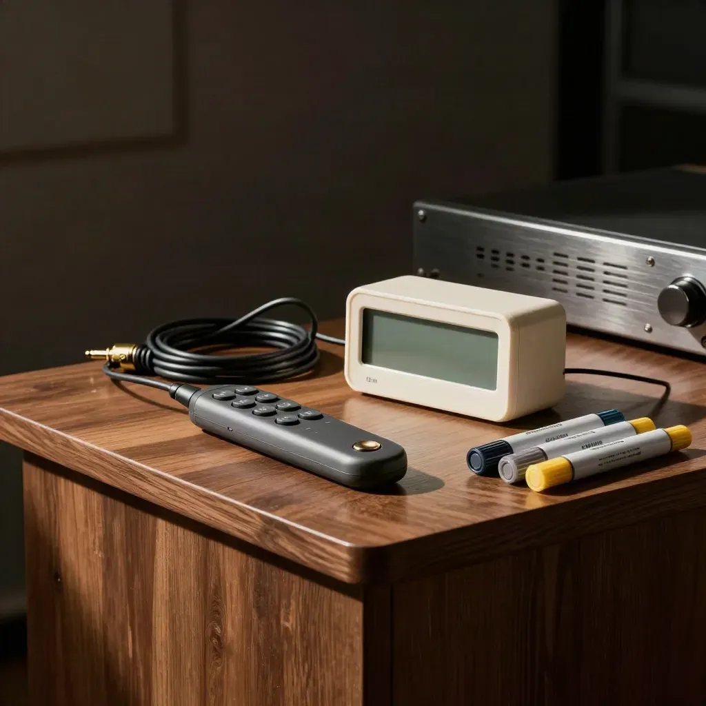 Presentation tools on a walnut podium in dramatic low light, with a timer cube and coiled cable.