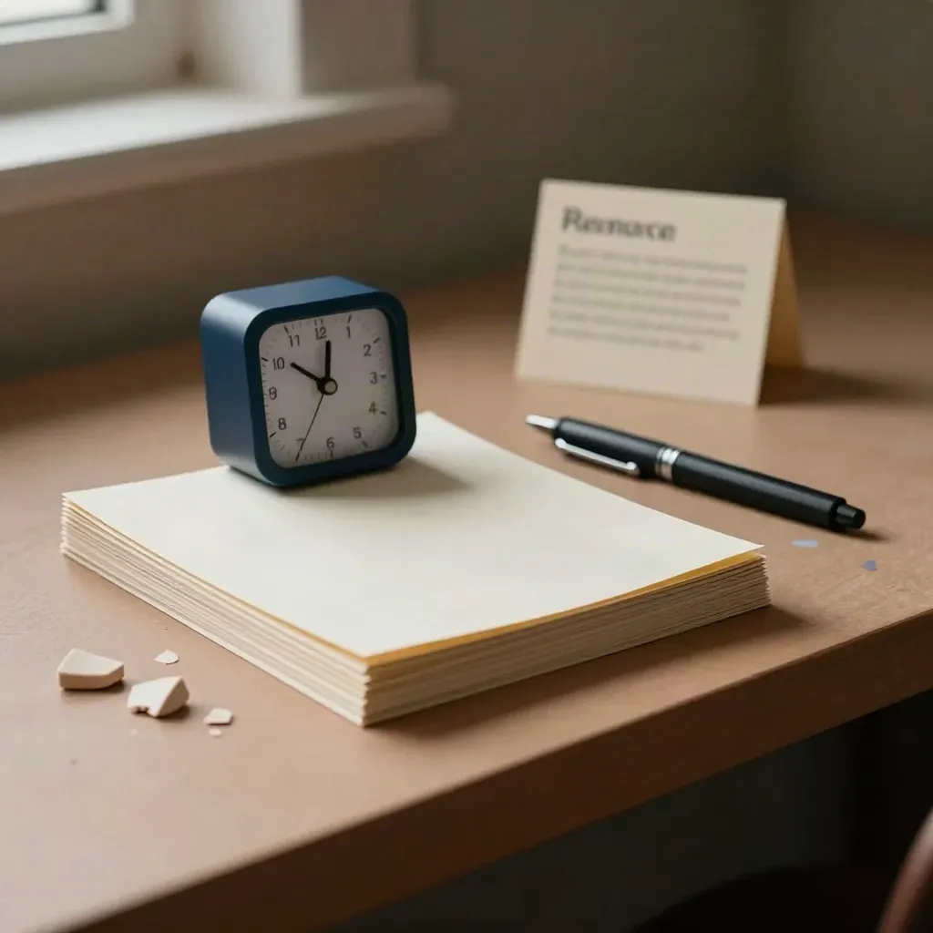 Study timer, task cards, eraser crumbs and a pen on a plaster ledge