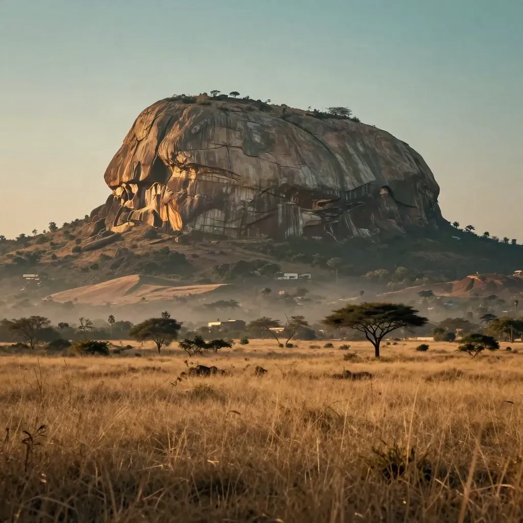 Aso Rock glows at sunrise above Abuja savannah with calm open grassland below